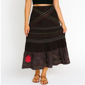 NWOT Raga x Anthro Boho Embroidered Corduroy Maxi Skirt in Brown XS 0/2